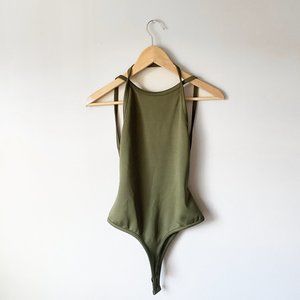 Olive Green Open Back Thong Bodysuit